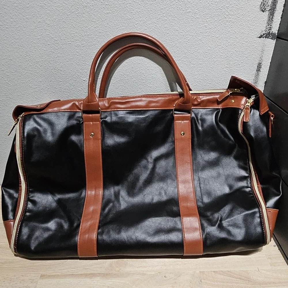 Large Fold-Out Travel Garment Bag Faux Leather Tote Bag Black Brown Shoulder